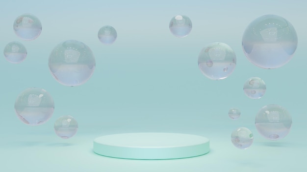 White round podium with air bubbles on mint water surface Mock up empty geometric stage platform with soap spheres or water drops for product ad presentation cosmetics Realistic 3d illustration