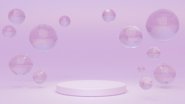 White round podium with air bubbles on pink water surface Mock up empty geometric stage platform with soap spheres or water drops for product ad presentation cosmetics Realistic 3d illustration