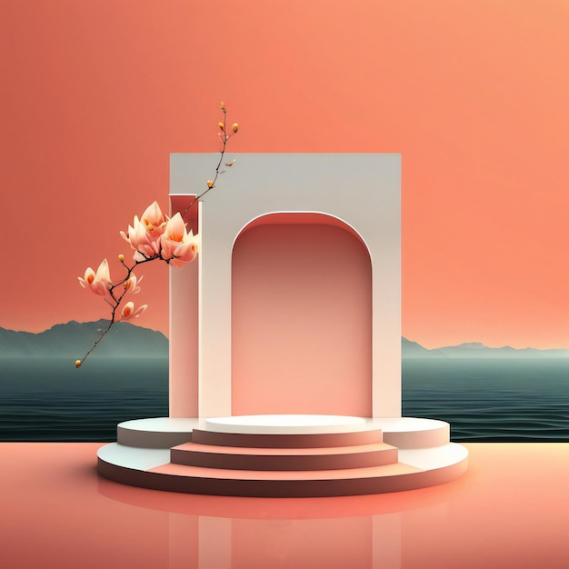 A white round podium with a flower on it and a pink sky.