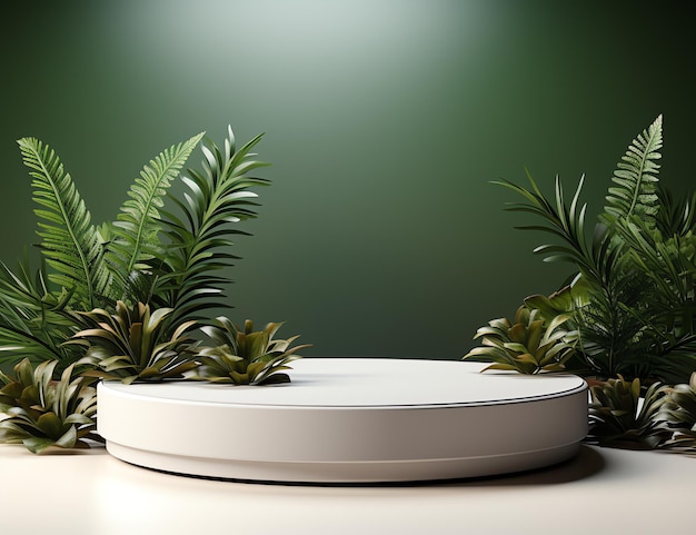 a white round podium with plants around it