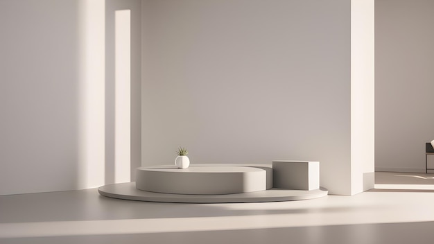 A white round table with a plant in the middle and a white vase on the table.