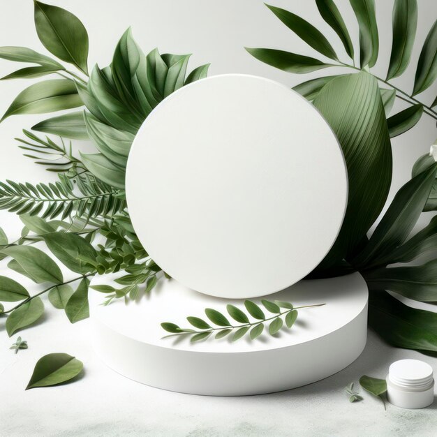 White round template podium mockup natural cosmetic product presentation green leaves nature frame