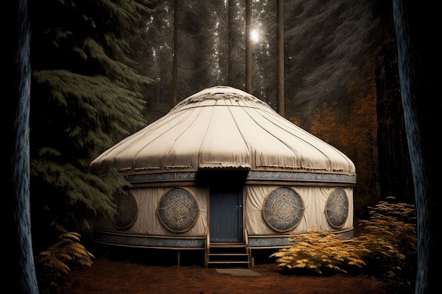 White round yurt in taiga nomadic lifestyle