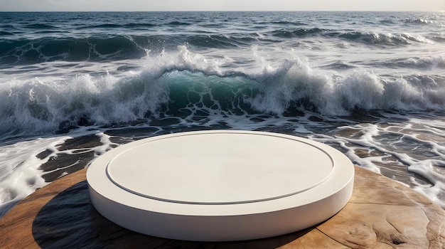 white rounded podium on a stone slab surrounded by sea waves