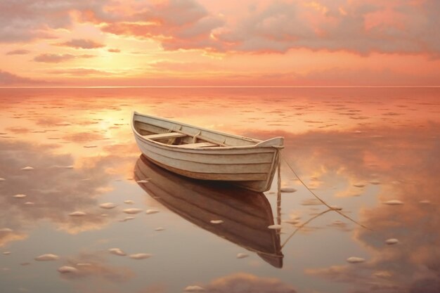 White Row Boat on Body of Water sunset in the back rose gold sky AI generative