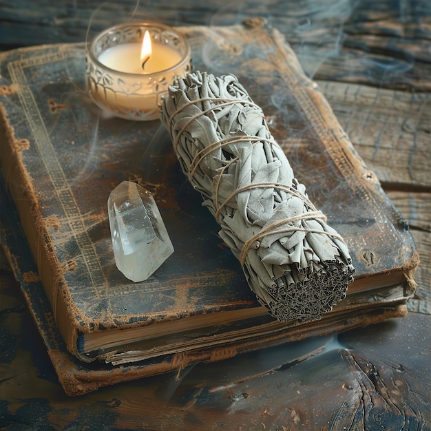 Photo white sage bundle with quartz crystal and candle