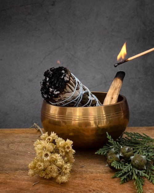 White sage incense and singing bowl