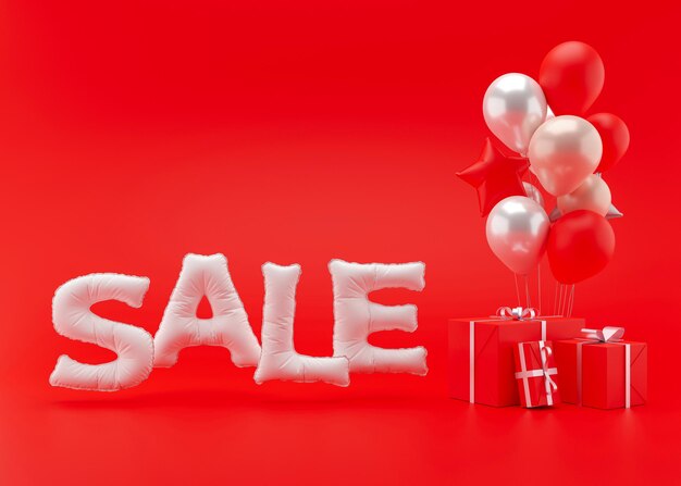 White sale text with balloons and presents on the red background. Special offer, good price, deal, shopping. Black friday. 3d rendering. Realistic 3d objects design. Hot sale.