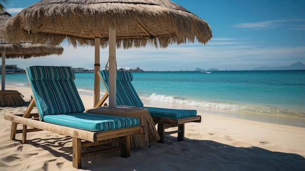 White sand beach holiday Beach chairs umbrellas and palm trees on the beach