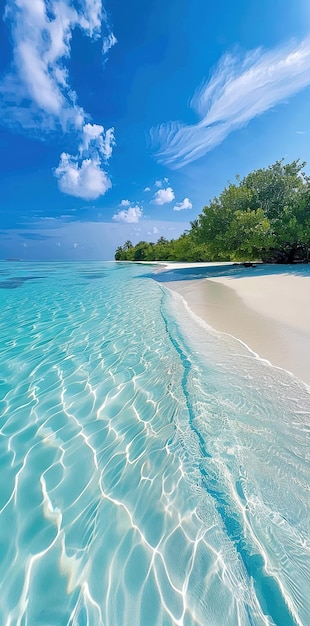 The white sandy beach of the Maldives with a clear blue sky and calm sea