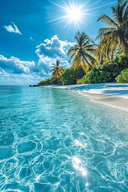 Photo white sandy beach turquoise water palm trees blue sky clouds