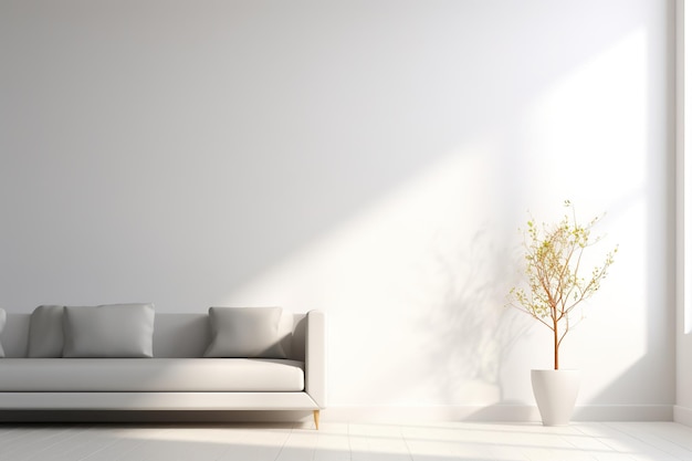 White Scandinavian interior with sofa and potted plant by window Made with Generative AI