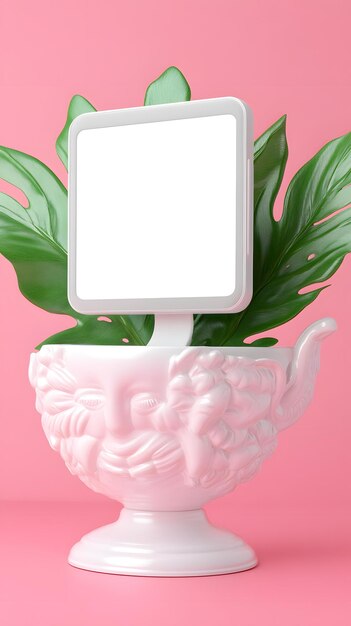 Photo white screen mockup with a green plant and a white vase