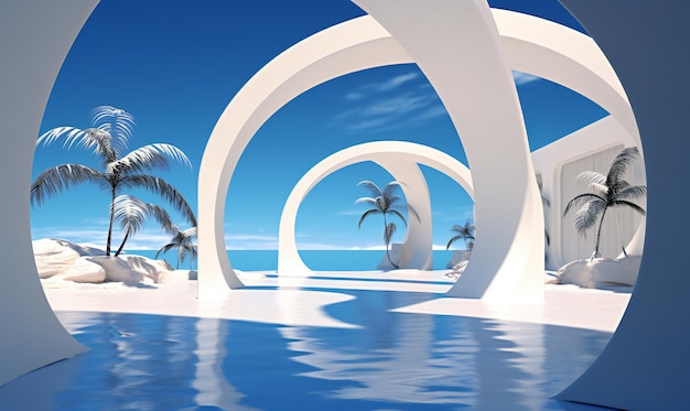 A white sculpture with palm trees in the background