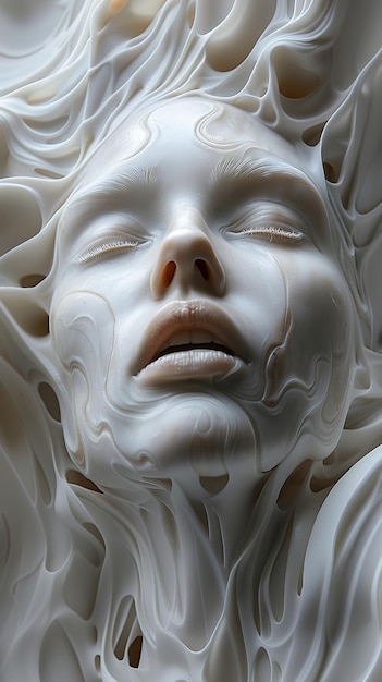 a white sculpture of a womans face is shown