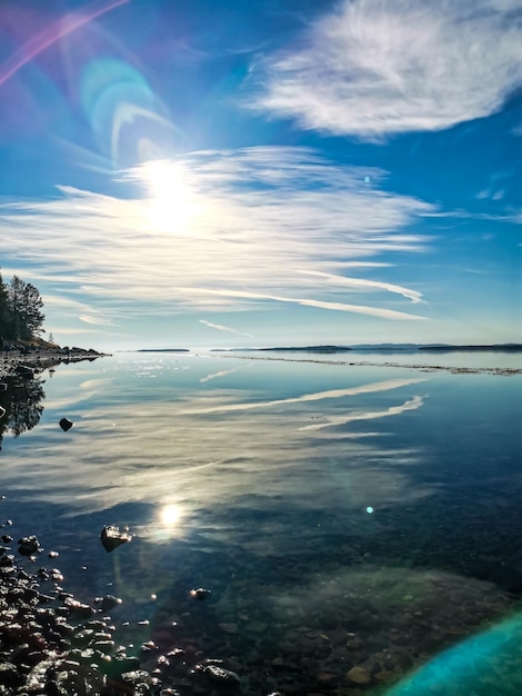 The White Sea coast on a sunny day The sun's rays Karelia 2021 Russia