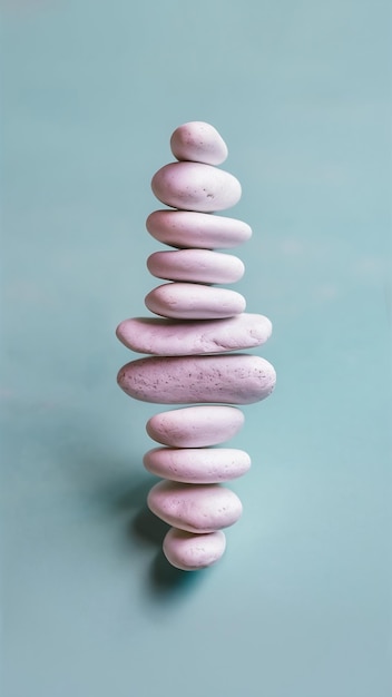 Photo white sea pebble stone stack on light blue background