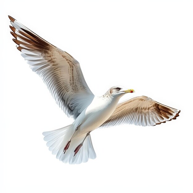 A white seagull is flying in the air