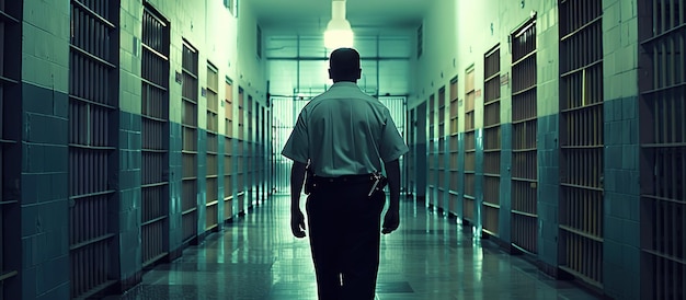 A white security guard in uniform walks through the prison hallway