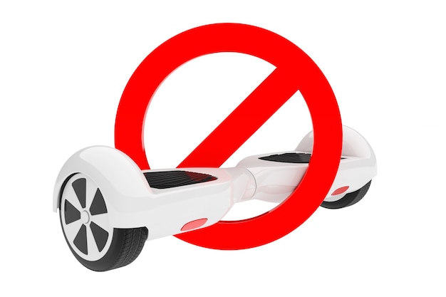 White Self Balancing Electric Scooter in Forbidden Red Warning Sign on a white background. 3d Rendering