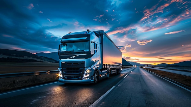 a white semi truck is driving down a road with the sun setting behind it