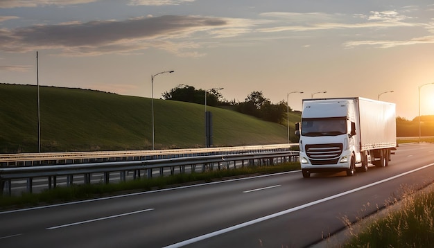 a white semi truck is driving down a road with the sun setting behind it