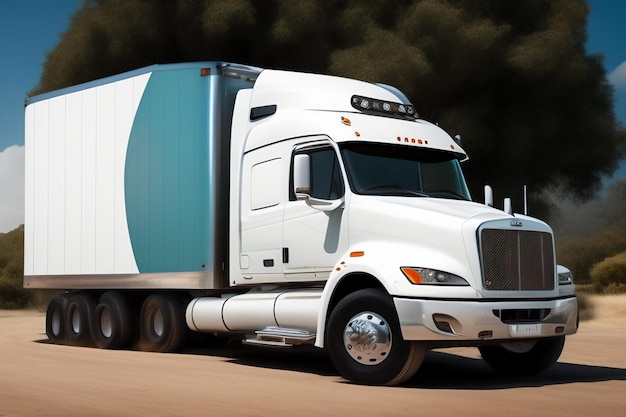 A white semi truck with a green and black striped front cab driving down a road.