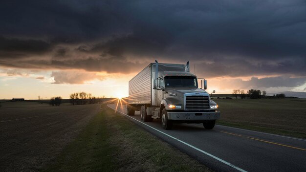 a white semi truck with the headlights on is driving down the road