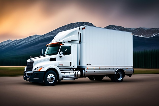 A white semi truck with a mountain in the background