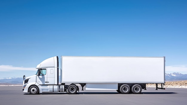 Photo white semi truck with trailer on asphalt road under blue sky