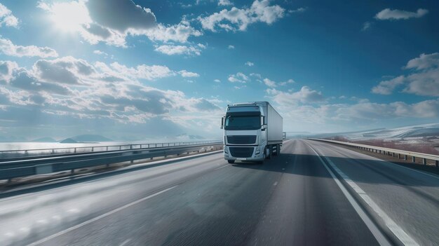 A white semitruck drives down a highway on a sunny day with a clear blue sky and white clouds in the background Generative AI