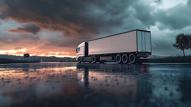 White semitruck trailer wet asphalt road rainy day puddle reflections overcast sky industrial shippi