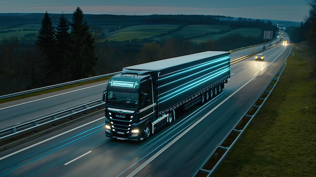 A white semitruck with a gray trailer drives down a highway with blue circular safety features displayed on the road surface around it