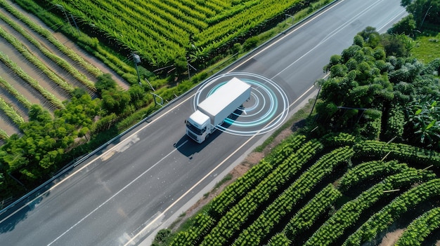 Photo a white semitruck with a gray trailer drives down a highway with blue circular safety features displayed on the road surface around it