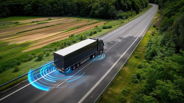 Photo a white semitruck with a gray trailer drives down a highway with blue circular safety features displayed on the road surface around it