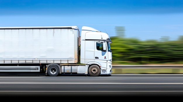 A white semitruck with a gray trailer drives down a highway with blue circular safety features displayed on the road surface around it