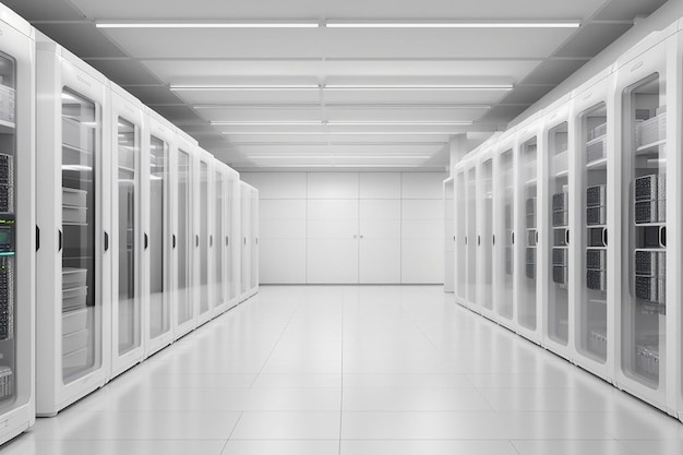 White servers center room with computers and storage systems 3D rendering