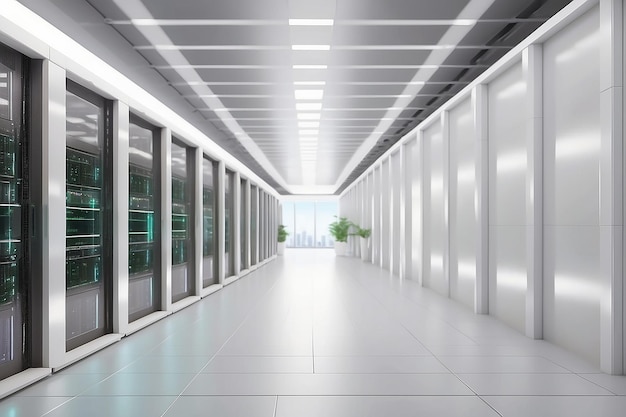 Photo white servers data center room with bright bokeh light going through the corridor 3d rendering