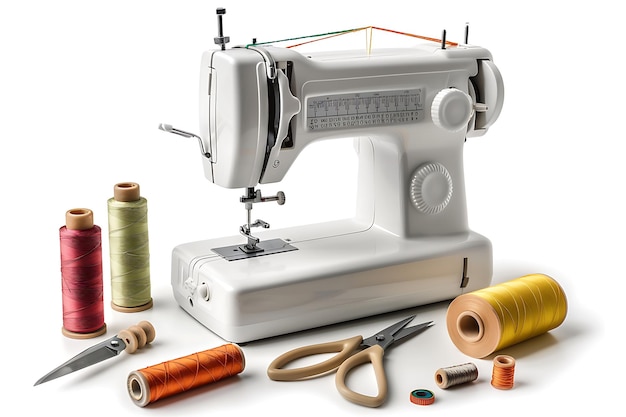 White Sewing Machine with Spools of Thread and Scissors on a White Background