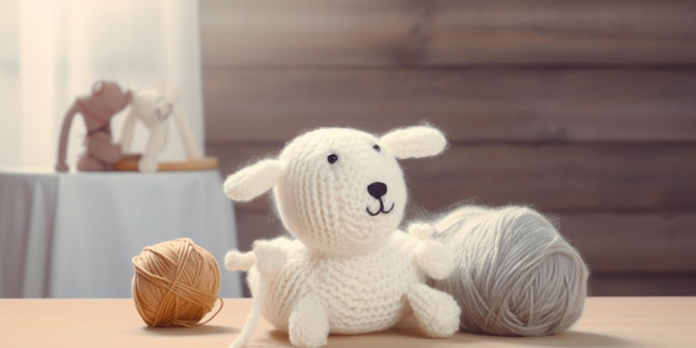 A white sheep with a black nose sits on a table next to a ball of yarn.