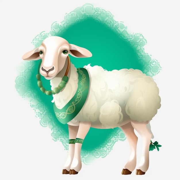 A white sheep with a green scarf and a green scarf is standing next to a green border.