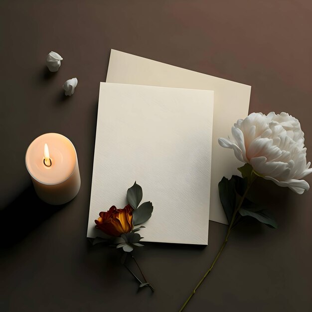 A white sheet a blank piece of paper next to it a lit candle and a flower