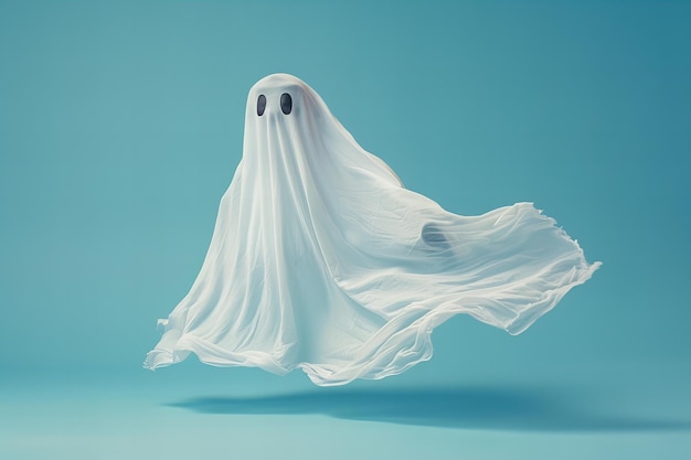 White sheet ghost floating in blue background copy space concept