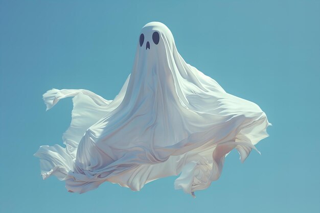 White sheet ghost floating in blue background copy space concept