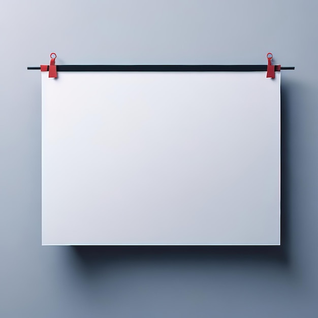 A white sheet is hanging on a wall with red clips attached to it.