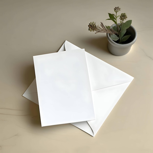 A white sheet of paper a blank sheet of paper and an envelope and a flower in a pot