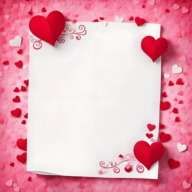 a white sheet of paper with hearts and a pink background with a place for text