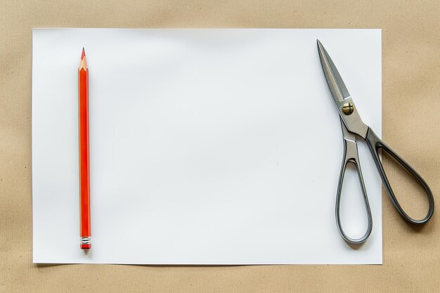 Photo a white sheet of paper with a pencil and a picture of scissors on it