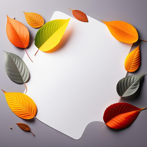 White sheet for your text with autumn leaves on gray background