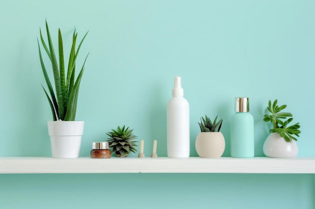 White Shelf With Aloe Vera Plant Succulents and Bottles of Skincare Products